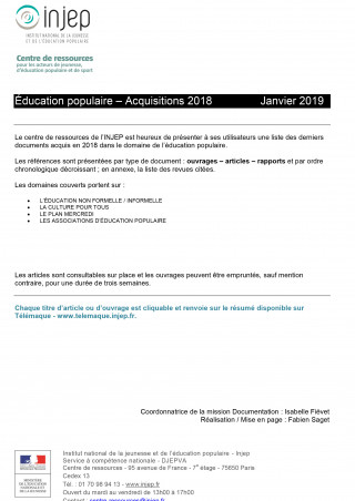 Education populaire : acquisitions 2018 du centre de documentation INJEP