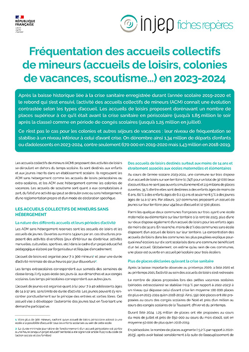 Fréquentation des accueils collectifs de mineurs (accueils de loisirs, colonies de vacances, scoutisme…) en 2023-2024